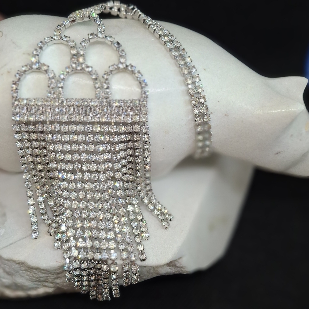 Crystal Rhinestone Fringe Statement Necklace 20" - Silver Tone